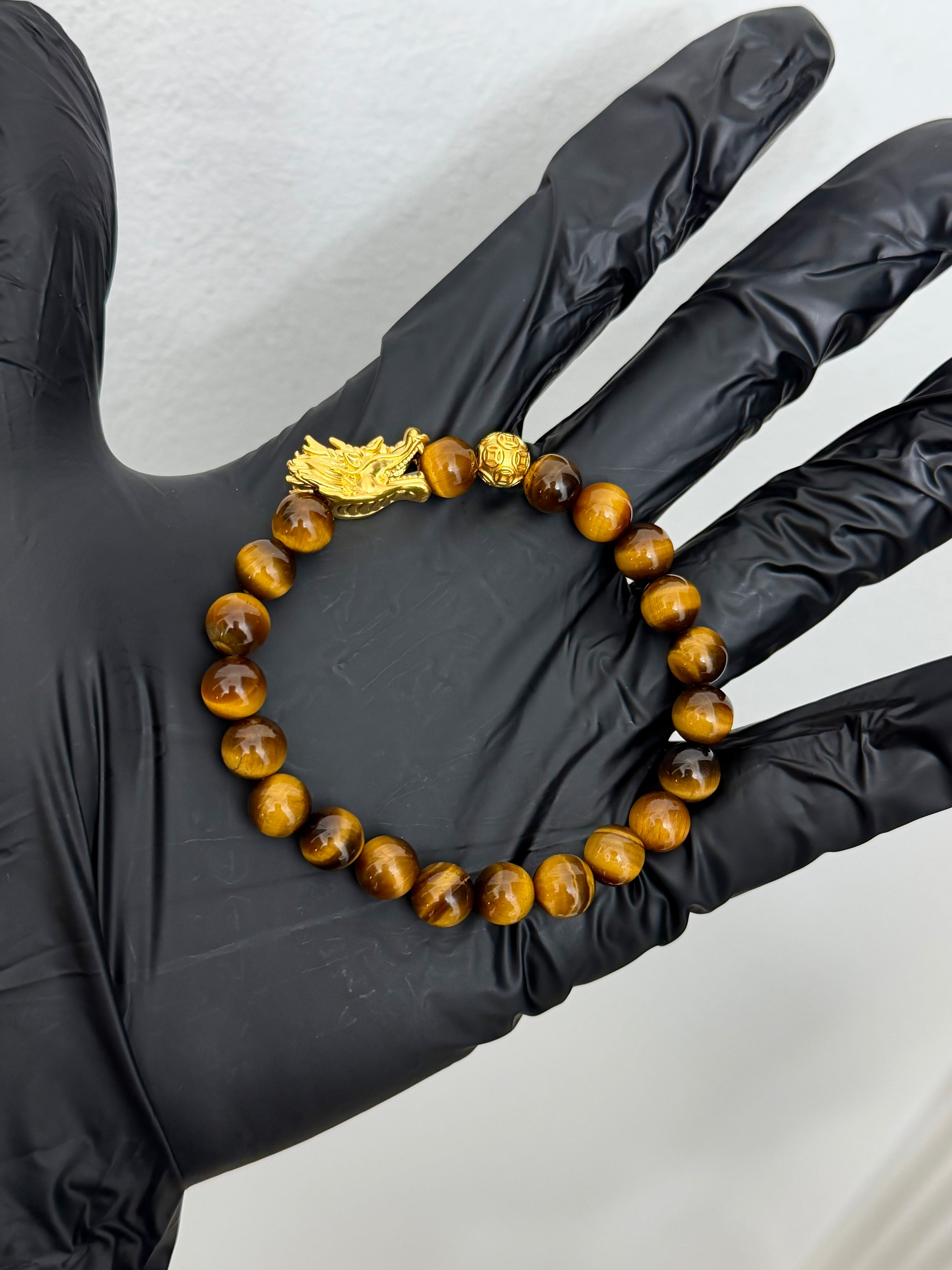 24k Gold Dragon & Bead Bracelet Tiger Eye